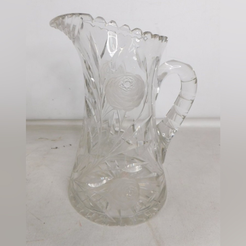 Antique Clear Glass Pitcher with Floral Design small chip functional 9.5” X 6”